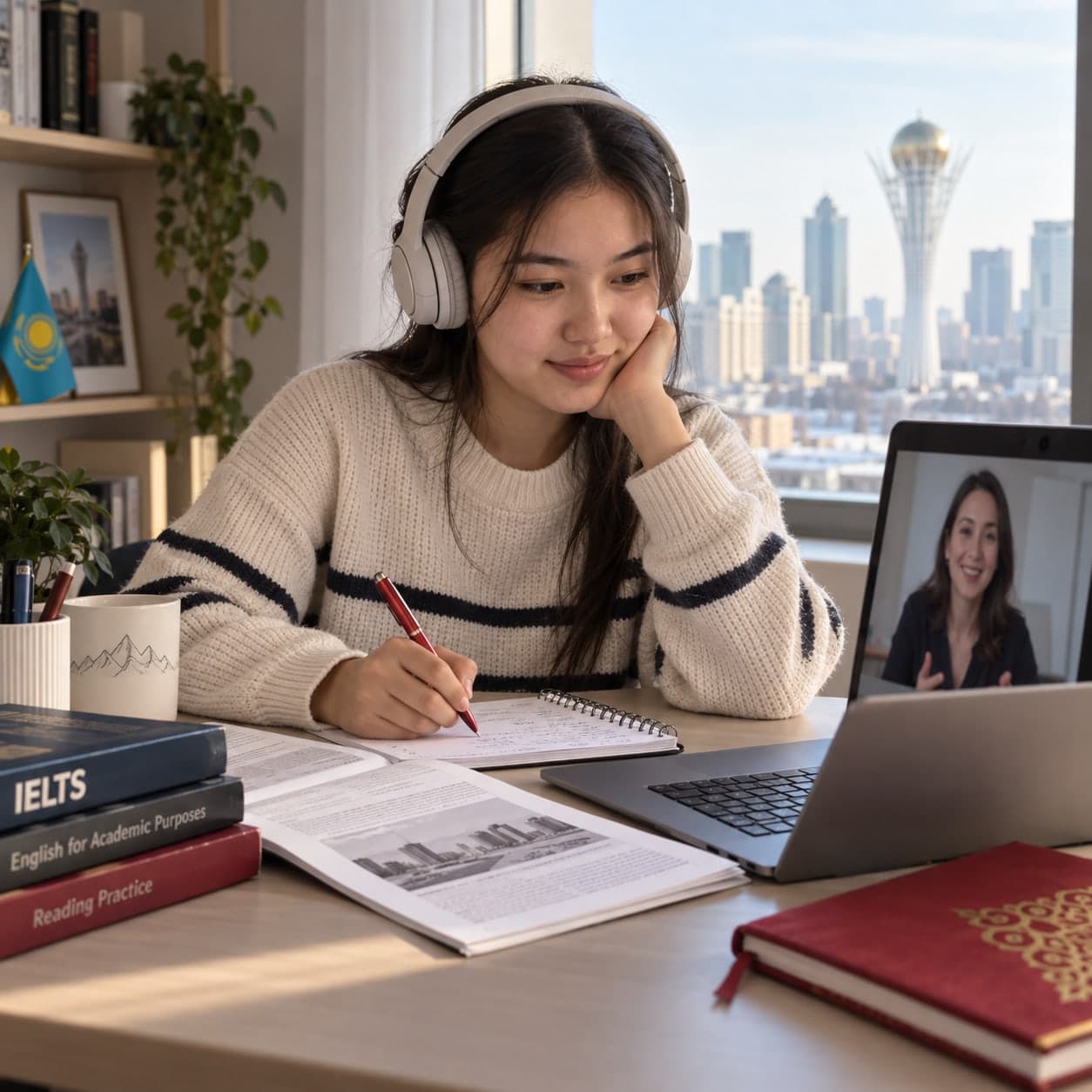 Иллюстрация, создано ИИ: ученица готовится к IELTS дома с преподавателем по видеосвязи
