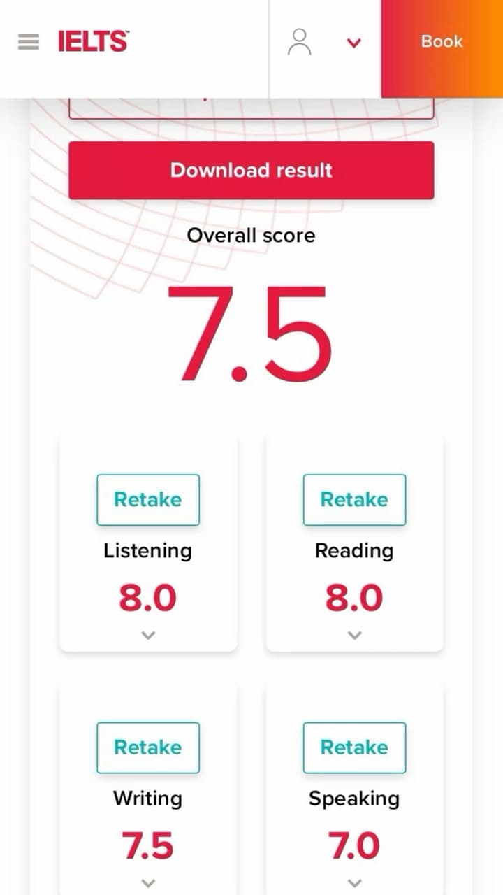 Скриншот результата IELTS 7.5, пример 1