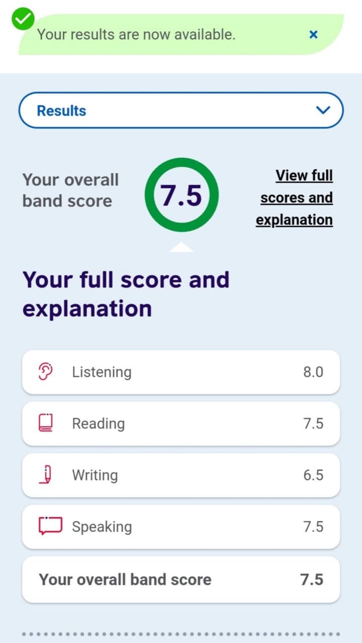 Скриншот результата IELTS 7.5, пример 3