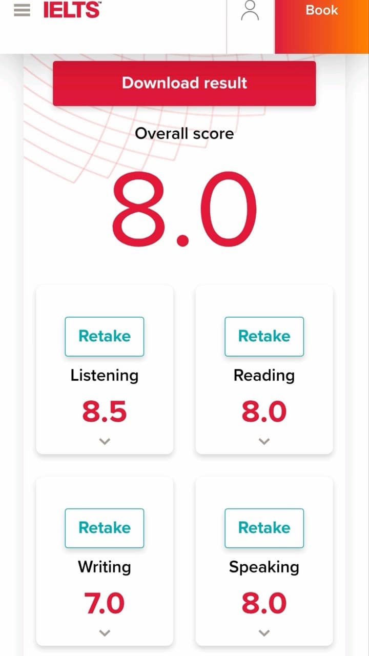 Скриншот результата IELTS 8.0, пример 4